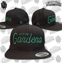 Load image into Gallery viewer, City of Gardena-91West &amp; PTC logos on the side of snapback baseball hat-Color:BLK, Thread GRN
