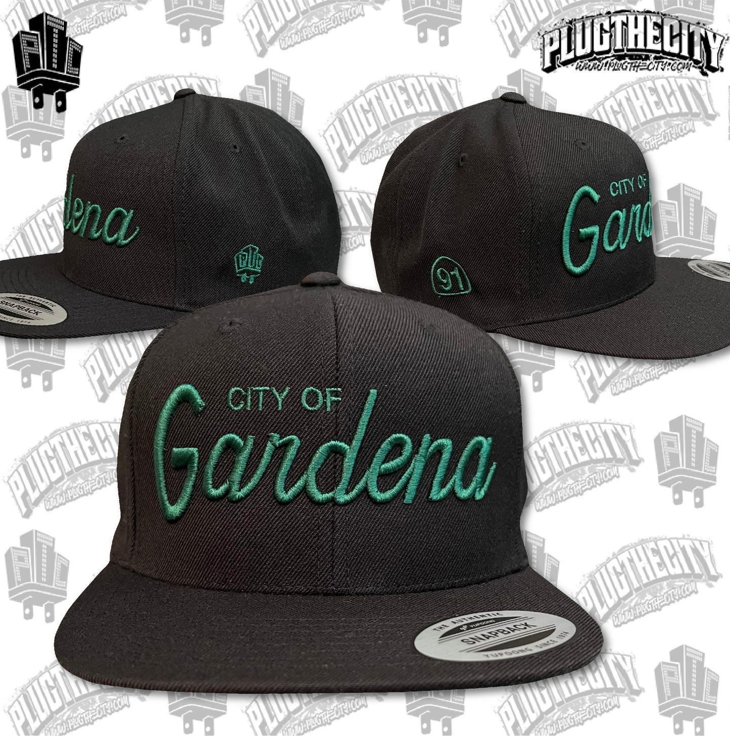 City of Gardena-91West & PTC logos on the side of snapback baseball hat-Color:BLK, Thread GRN